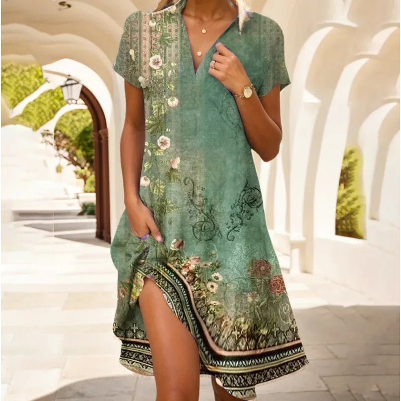 Robe fleurie femme à col V boutonné, du S au 3XL, vert