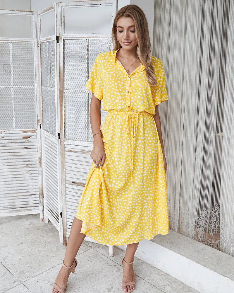 Robe femme à imprimé léopard, taille marquée, cinq coloris, jaune