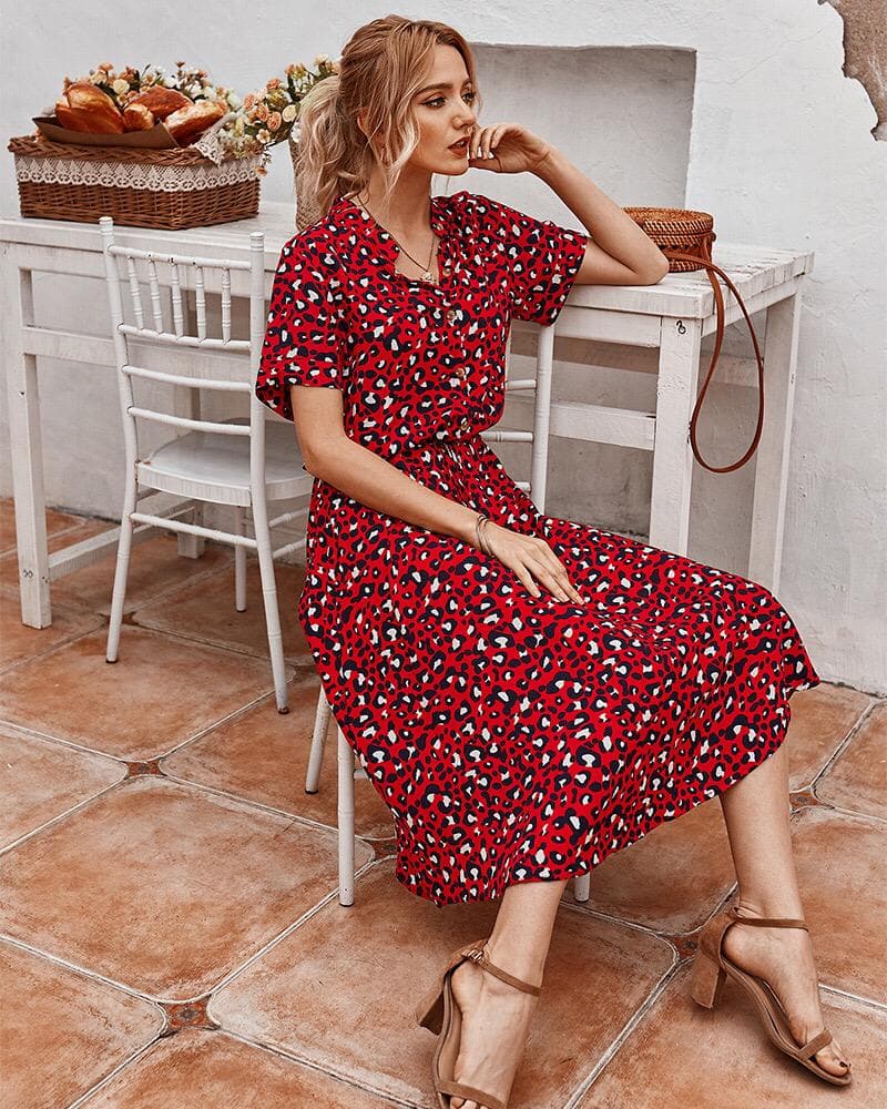 Robe femme à imprimé léopard, taille marquée, cinq coloris, rouge