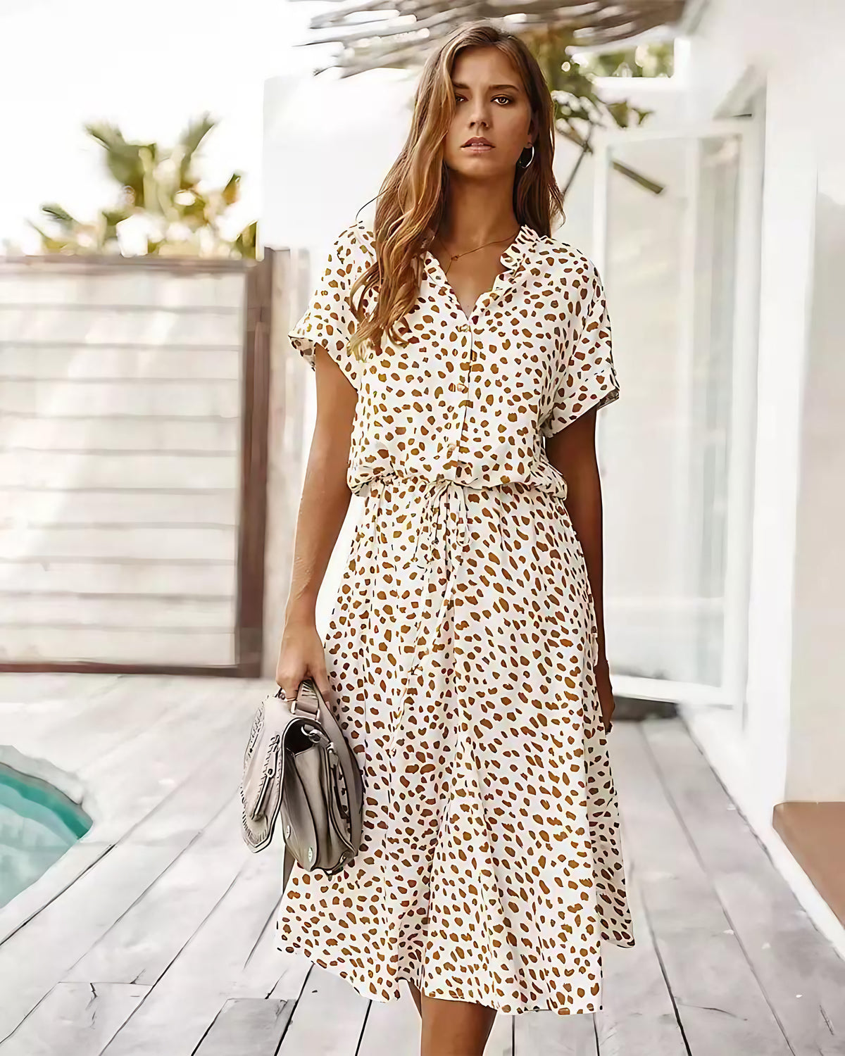 Robe femme à imprimé léopard, taille marquée, cinq coloris, beige