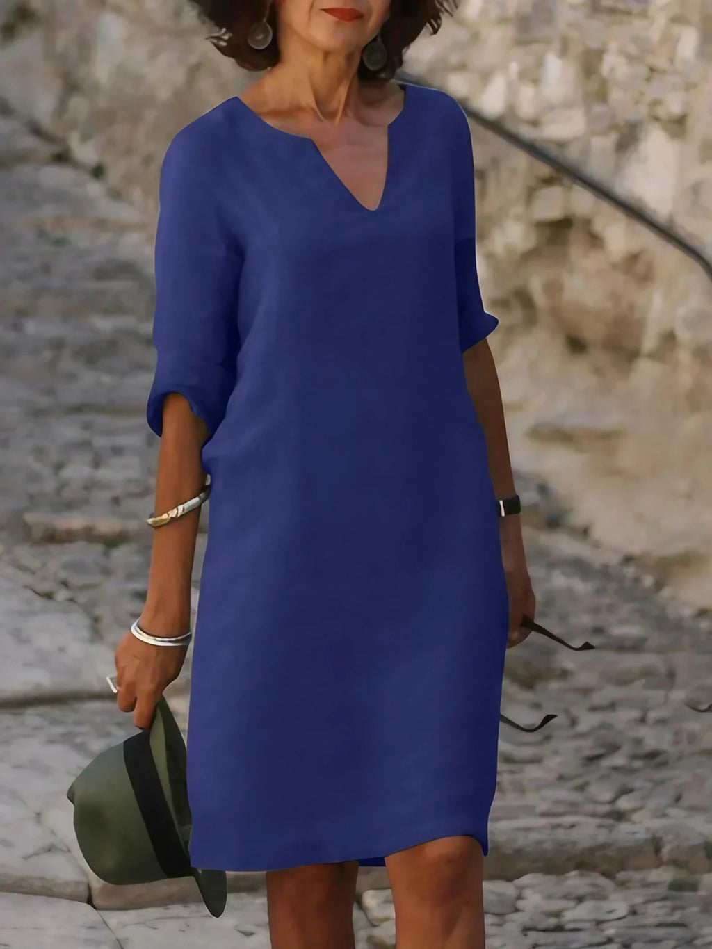 Robe col V femme à effet superposé, neuf coloris, du S au 3XL, bleu marine