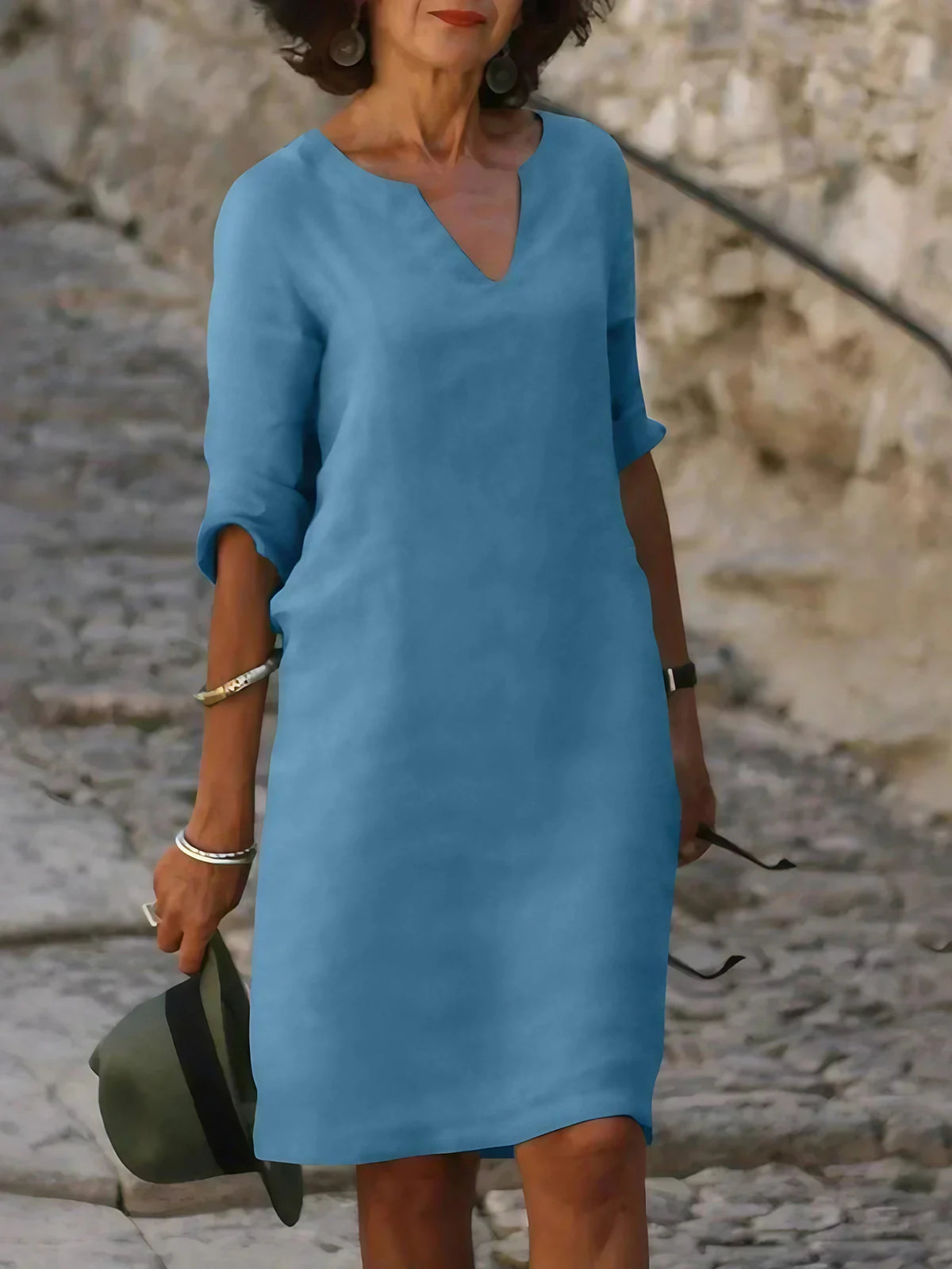 Robe col V femme à effet superposé, neuf coloris, du S au 3XL, bleu ciel