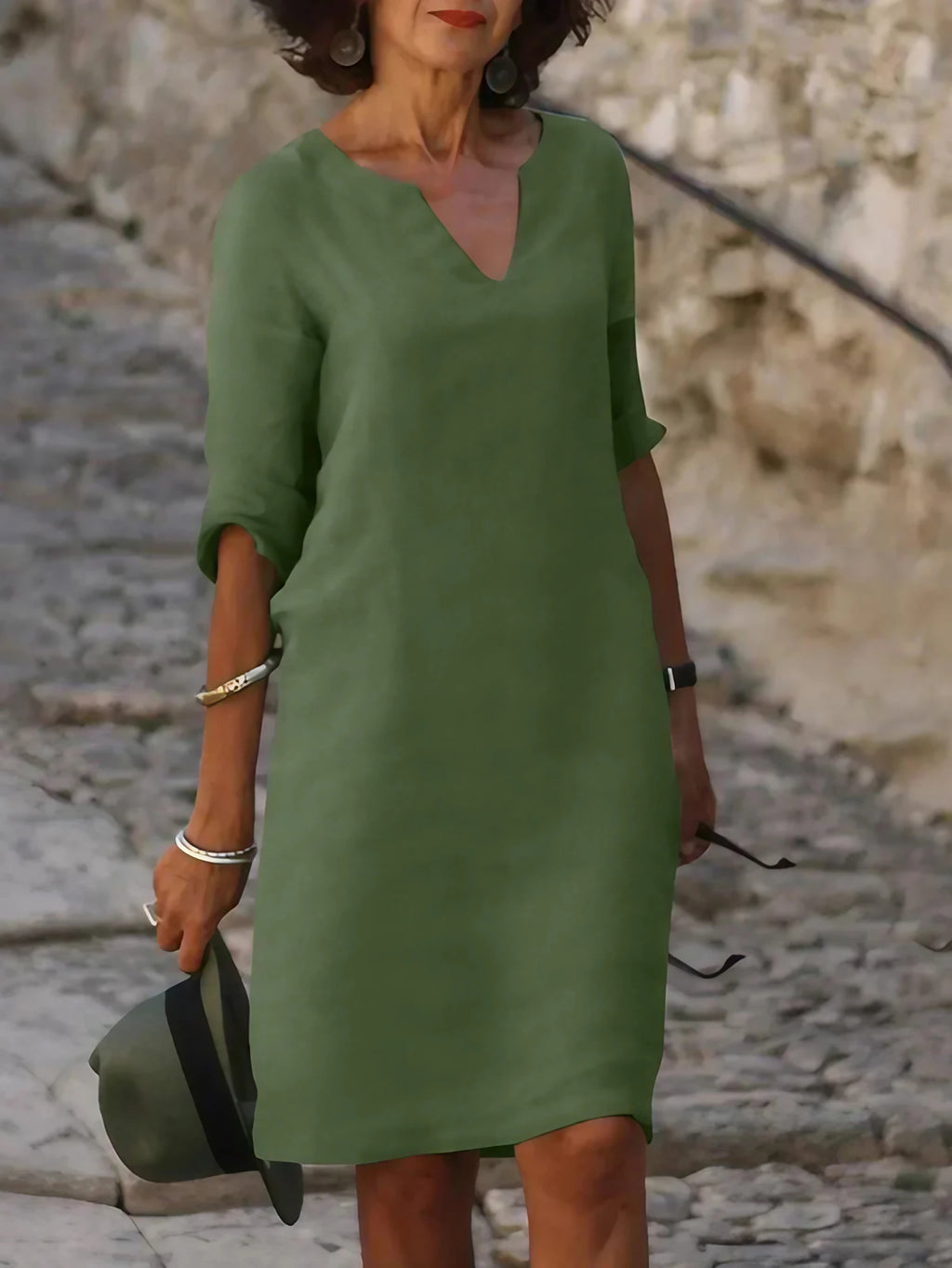 Robe col V femme à effet superposé, neuf coloris, du S au 3XL, vert olive