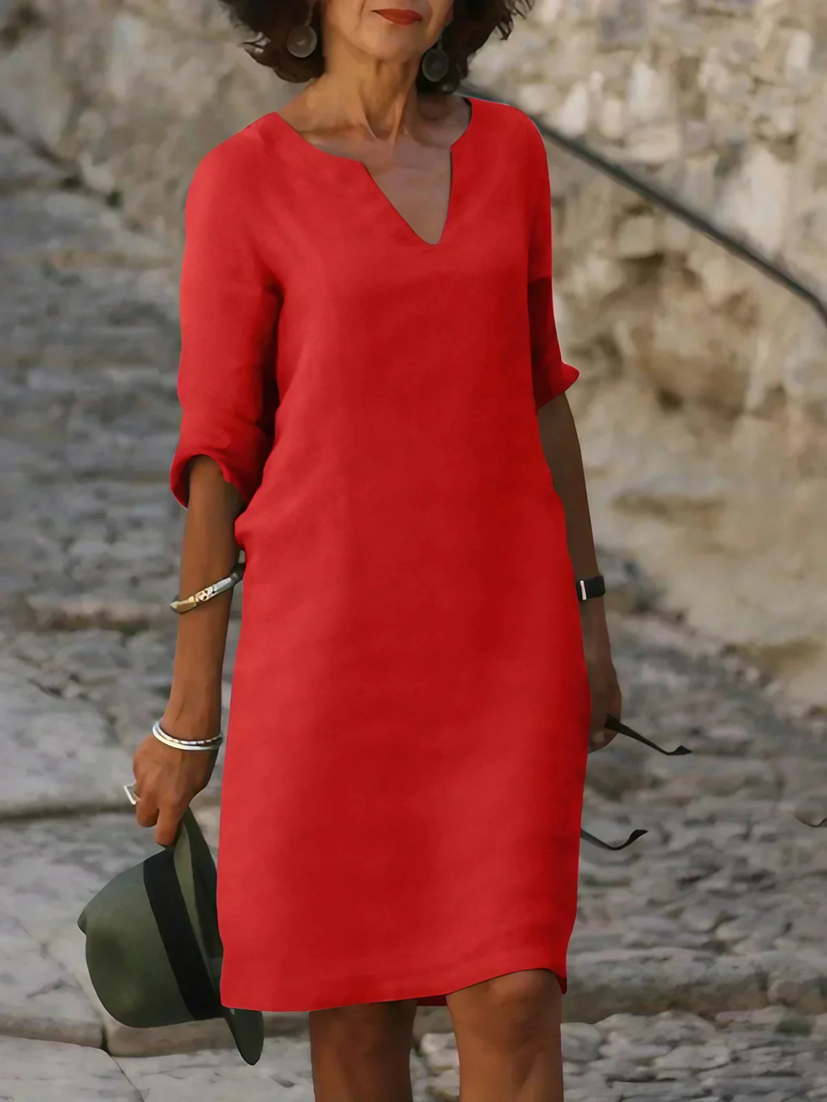Robe col V femme à effet superposé, neuf coloris, du S au 3XL, rouge