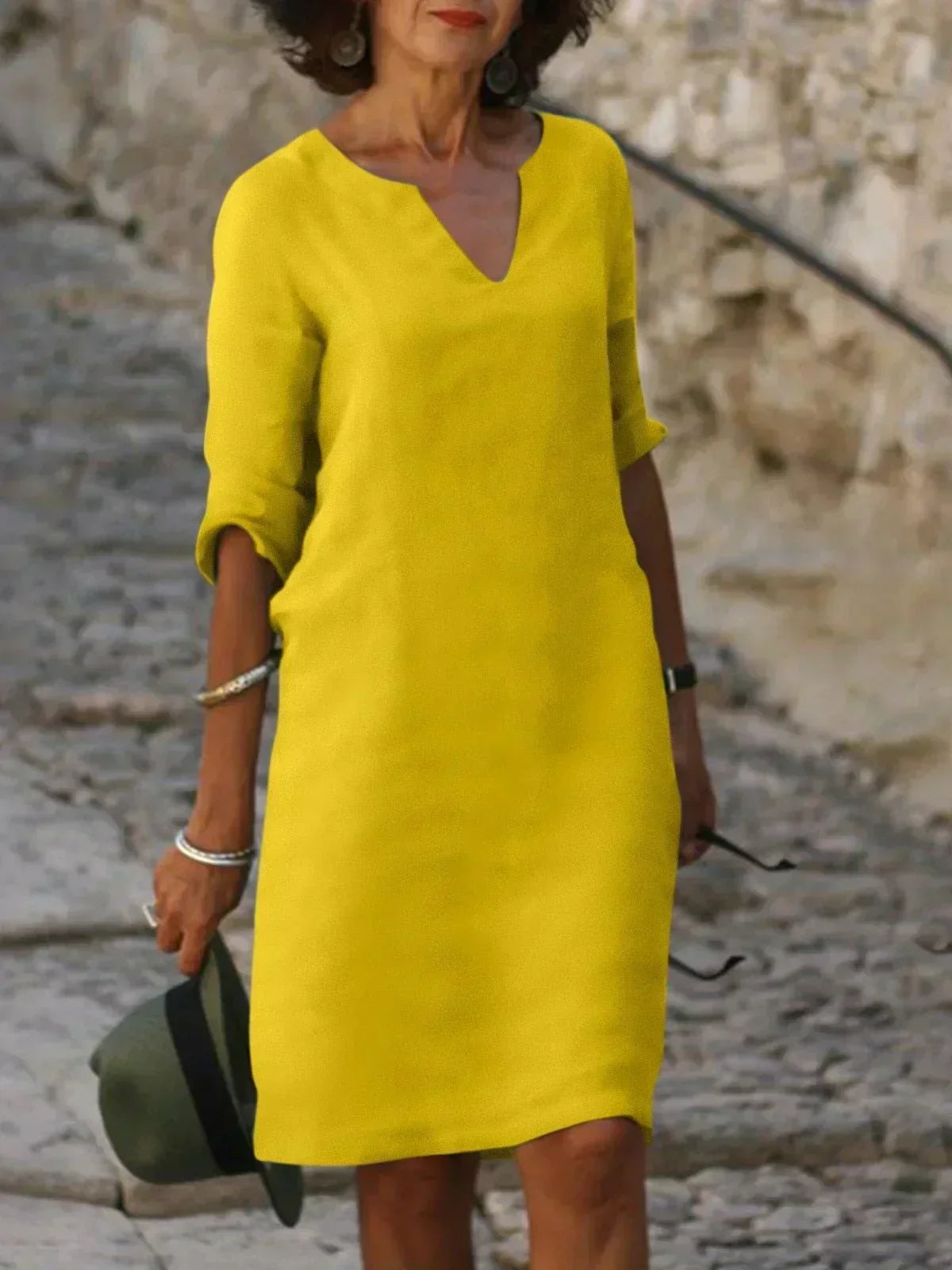 Robe col V femme à effet superposé, neuf coloris, du S au 3XL, jaune
