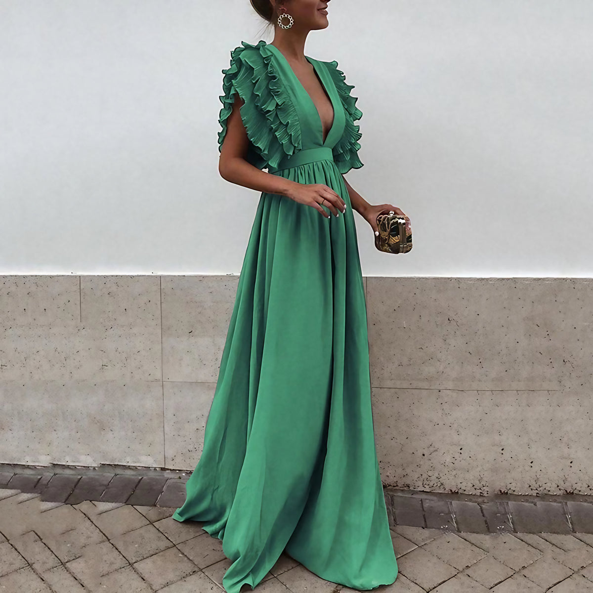Robe femme à manches froncées, mi-saison, quatre coloris, vert