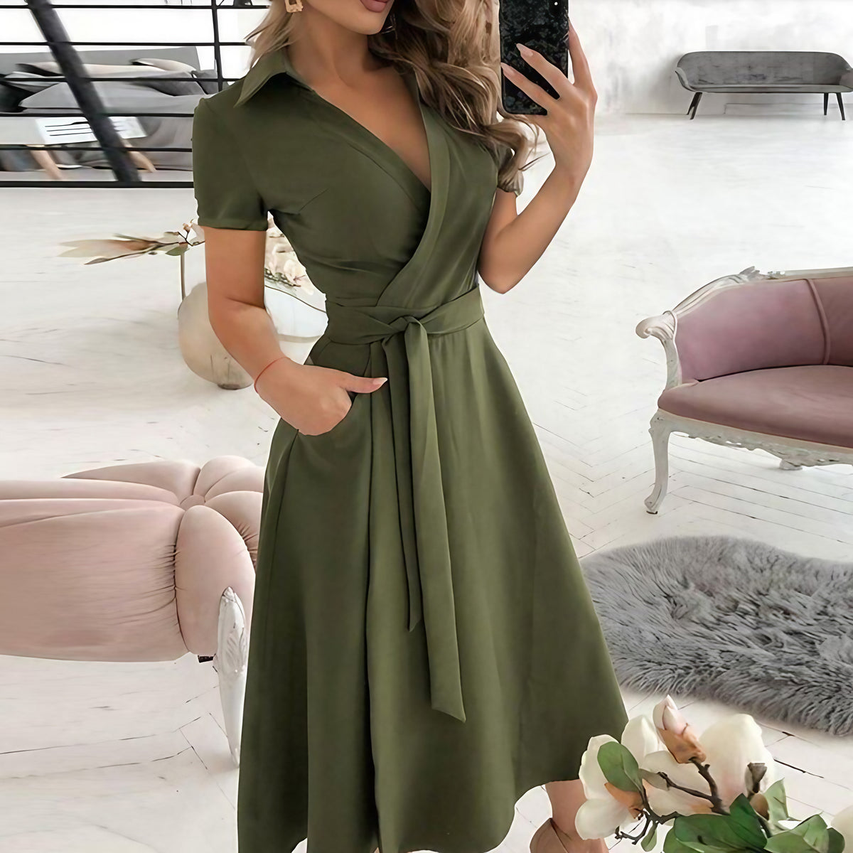 Robe longue femme à taille cintrée, treize coloris, vert foncé