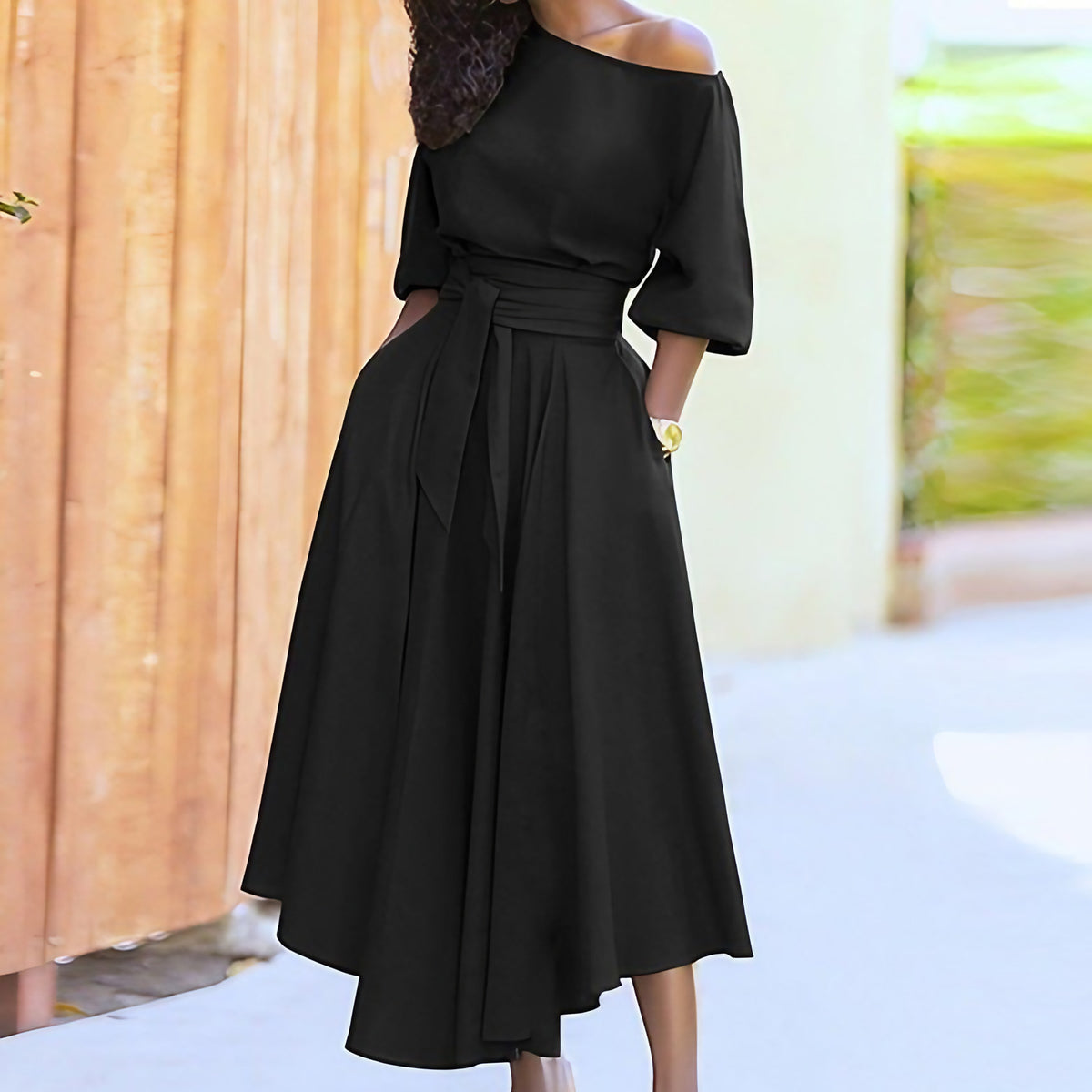 Robe longue femme à taille cintrée, treize coloris, noir