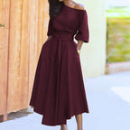 Robe longue femme à taille cintrée, treize coloris, rouge vin