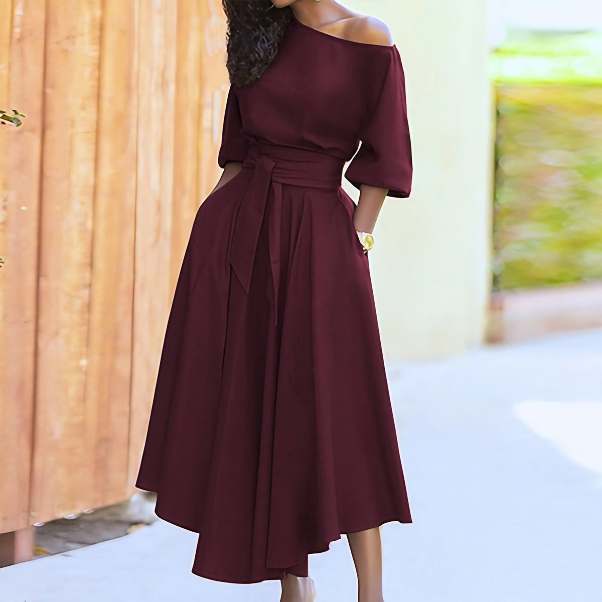 Robe longue femme à taille cintrée, treize coloris, rouge vin