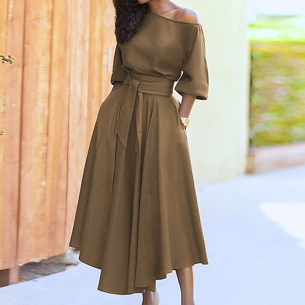 Robe longue femme à taille cintrée, treize coloris, kaki