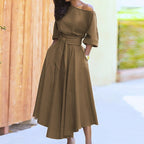 Robe longue femme à taille cintrée, treize coloris, kaki