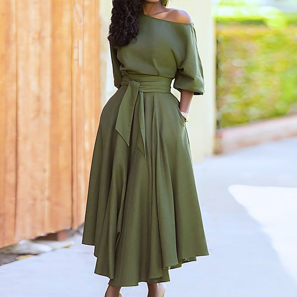 Robe longue femme à taille cintrée, treize coloris, vert