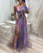 Robe longue satin et dentelle, drapé fluide, doublée, cinq coloris