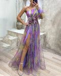 Robe longue satin et dentelle, drapé fluide, doublée, cinq coloris, violet