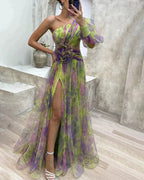 Robe longue satin et dentelle, drapé fluide, doublée, cinq coloris, vert