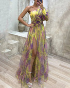Robe longue satin et dentelle, drapé fluide, doublée, cinq coloris, jaune
