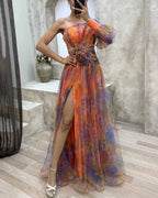 Robe longue satin et dentelle, drapé fluide, doublée, cinq coloris, orange