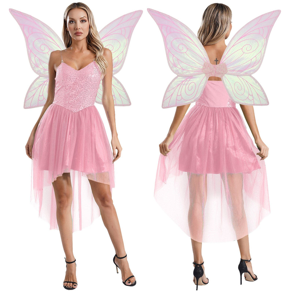 Déguisement de fée femme, robe avec ailes de papillon amovibles, rose