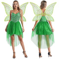 Déguisement de fée femme, robe avec ailes de papillon amovibles, vert