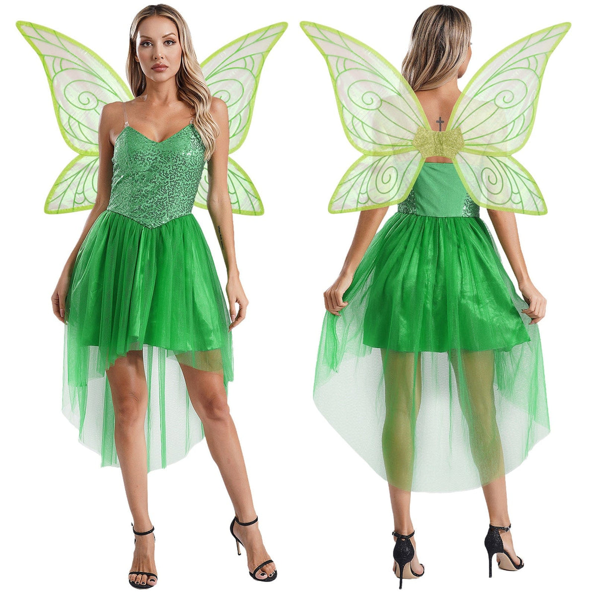 Déguisement de fée femme, robe avec ailes de papillon amovibles, vert