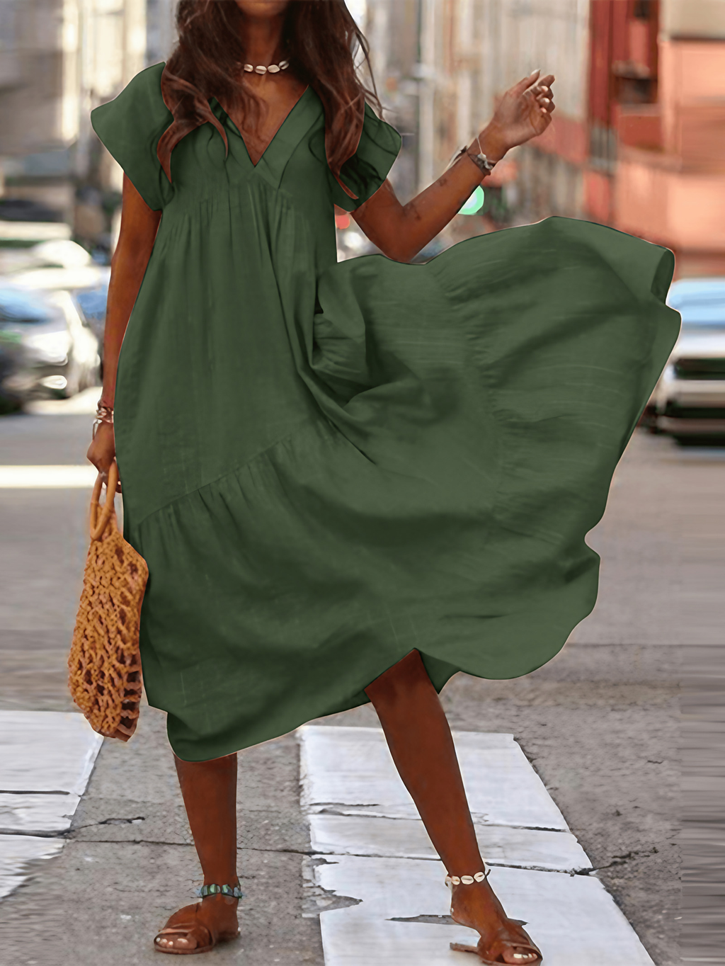 Robe ample femme à col V, sept coloris, du S au 5XL, vert armée