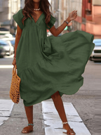 Robe ample femme à col V, sept coloris, du S au 5XL, vert armée