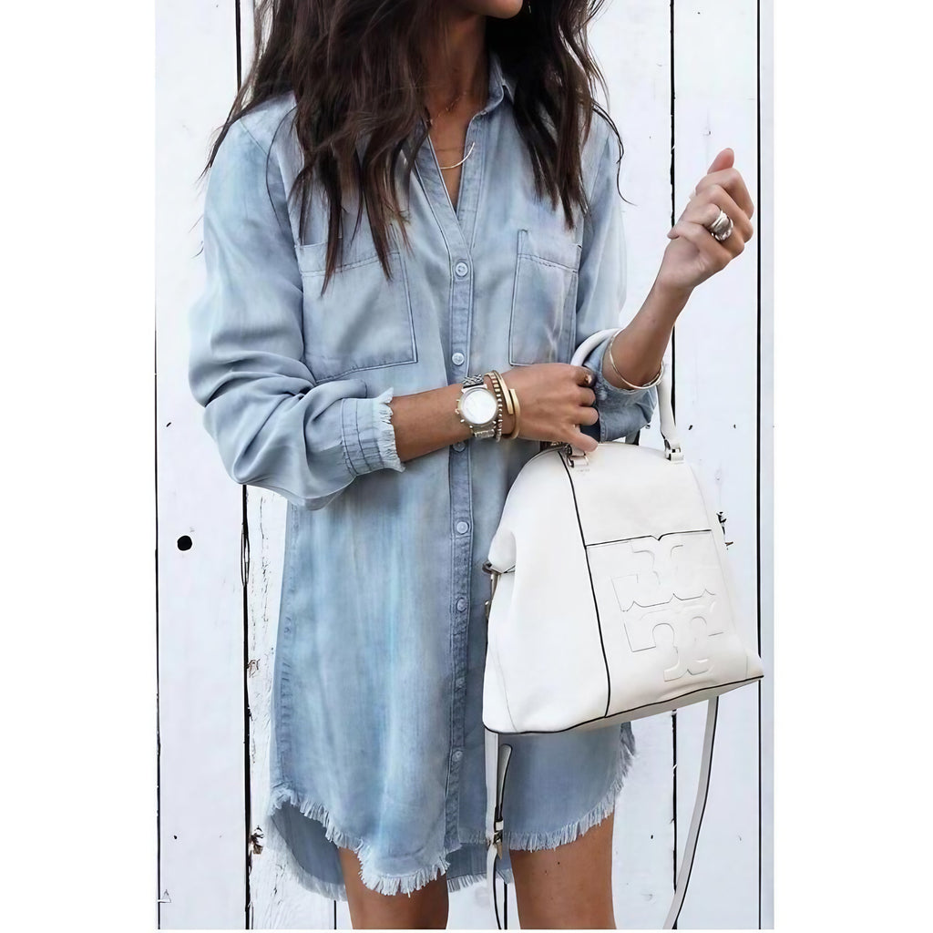 Robe en denim femme boutonnée devant, avec poches, bleu clair