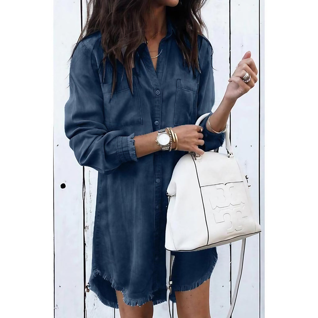 Robe en denim femme boutonnée devant, avec poches, bleu