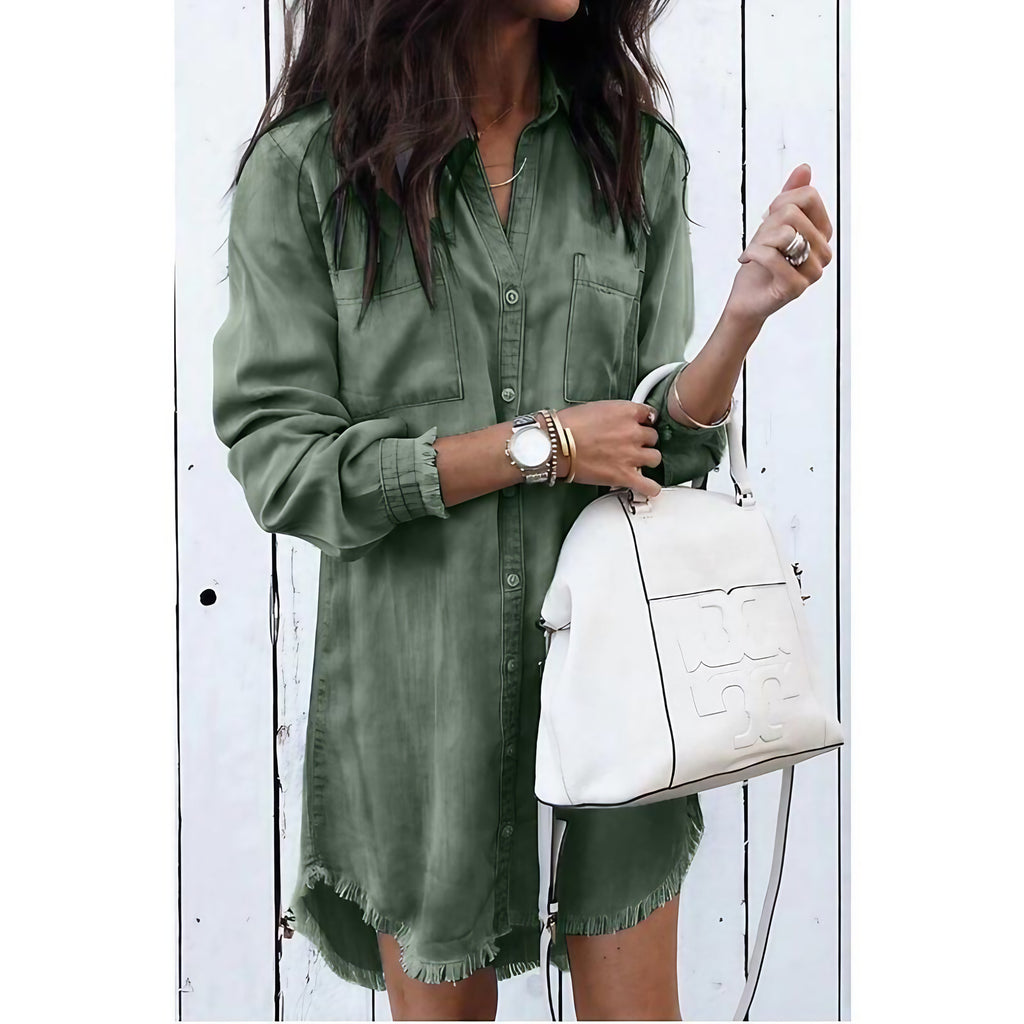 Robe en denim femme boutonnée devant, avec poches, vert
