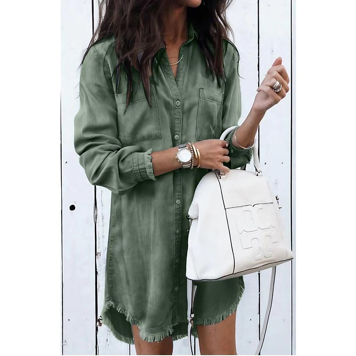 Robe en denim femme boutonnée devant, avec poches, vert