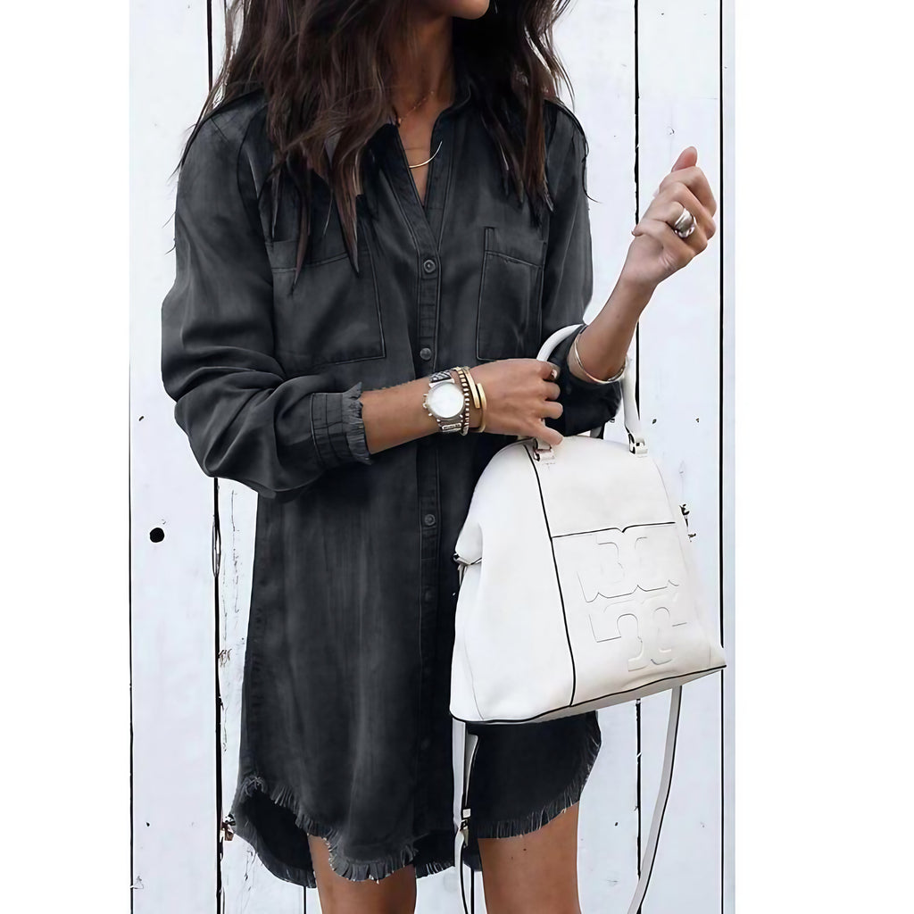 Robe en denim femme boutonnée devant, avec poches, noir