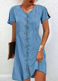 Robe en denim patchwork mi-longue, col V, manches courtes, boutons, bleu