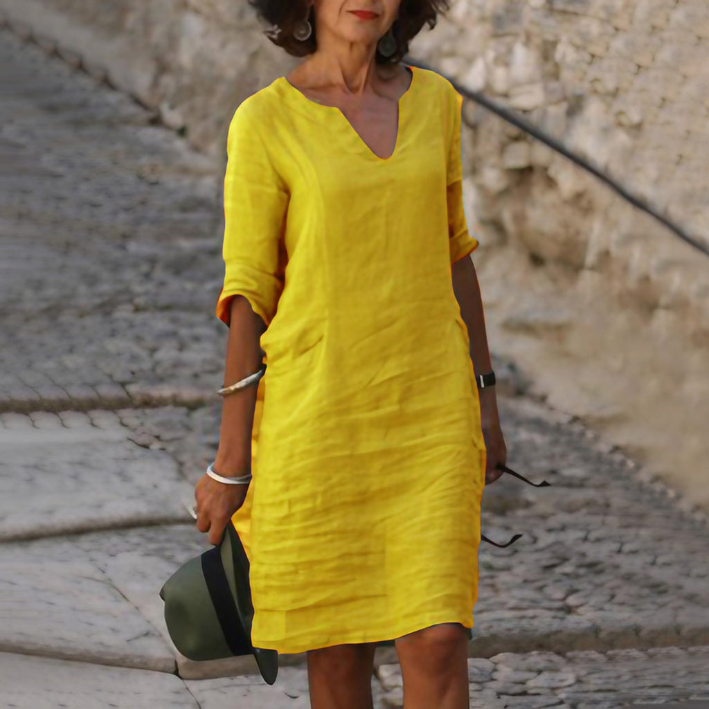 Robe col V ample et décontractée femme, neuf coloris, jaune