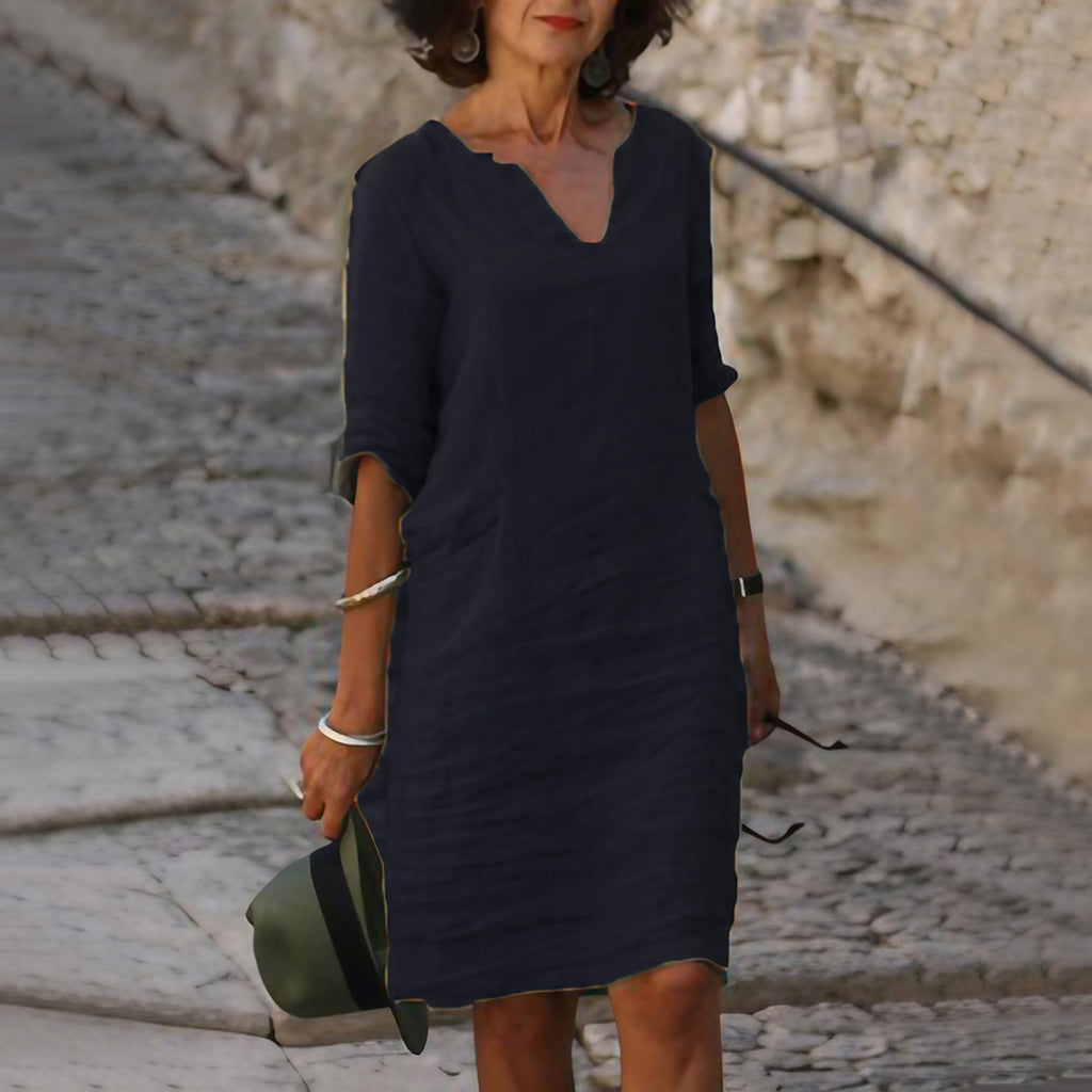Robe col V ample et décontractée femme, neuf coloris, noir