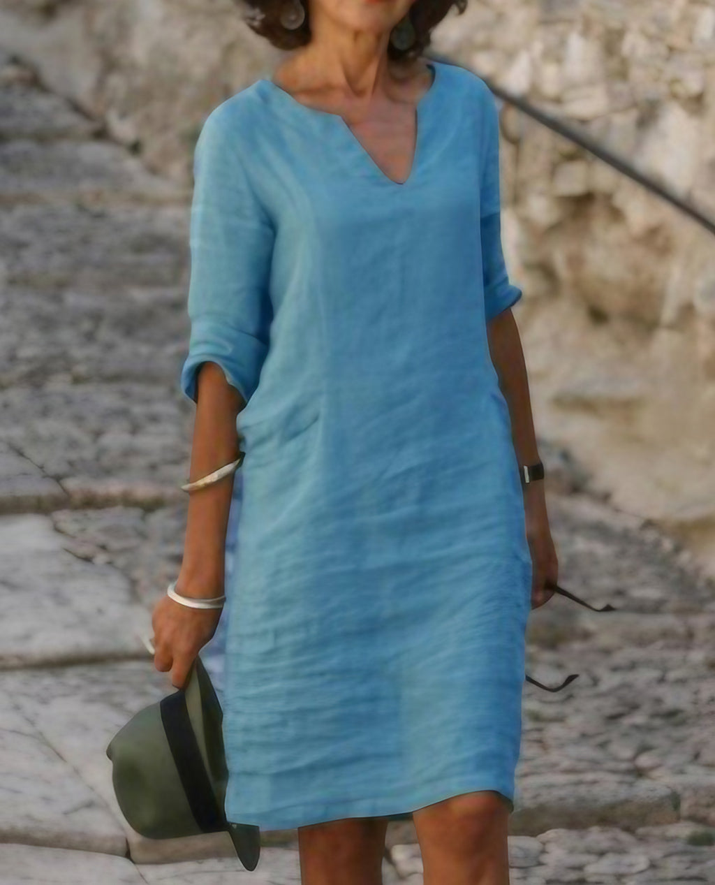 Robe col V ample et décontractée femme, neuf coloris, bleu