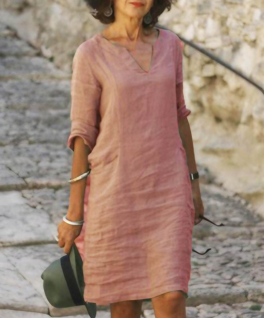 Robe col V ample et décontractée femme, neuf coloris, rose