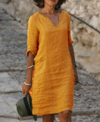 Robe col V ample et décontractée femme, neuf coloris, orange