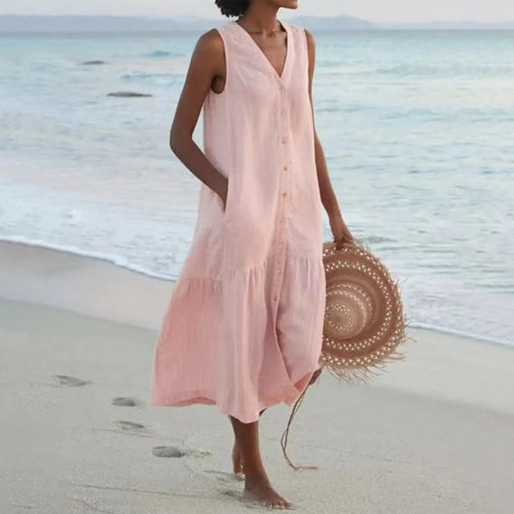 Robe col V fluide femme, six coloris, du S au 3XL, rose