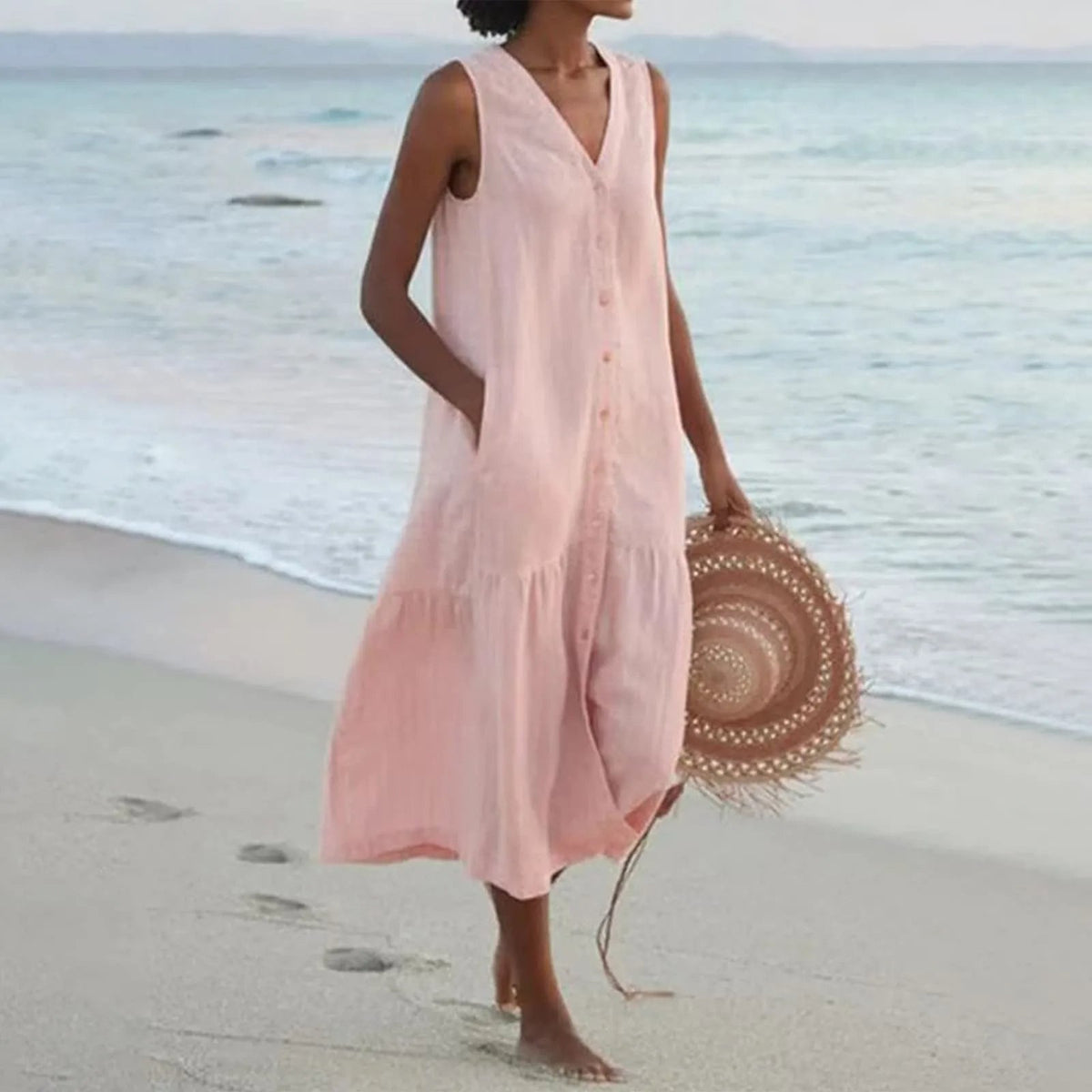 Robe col V fluide femme, six coloris, du S au 3XL, rose