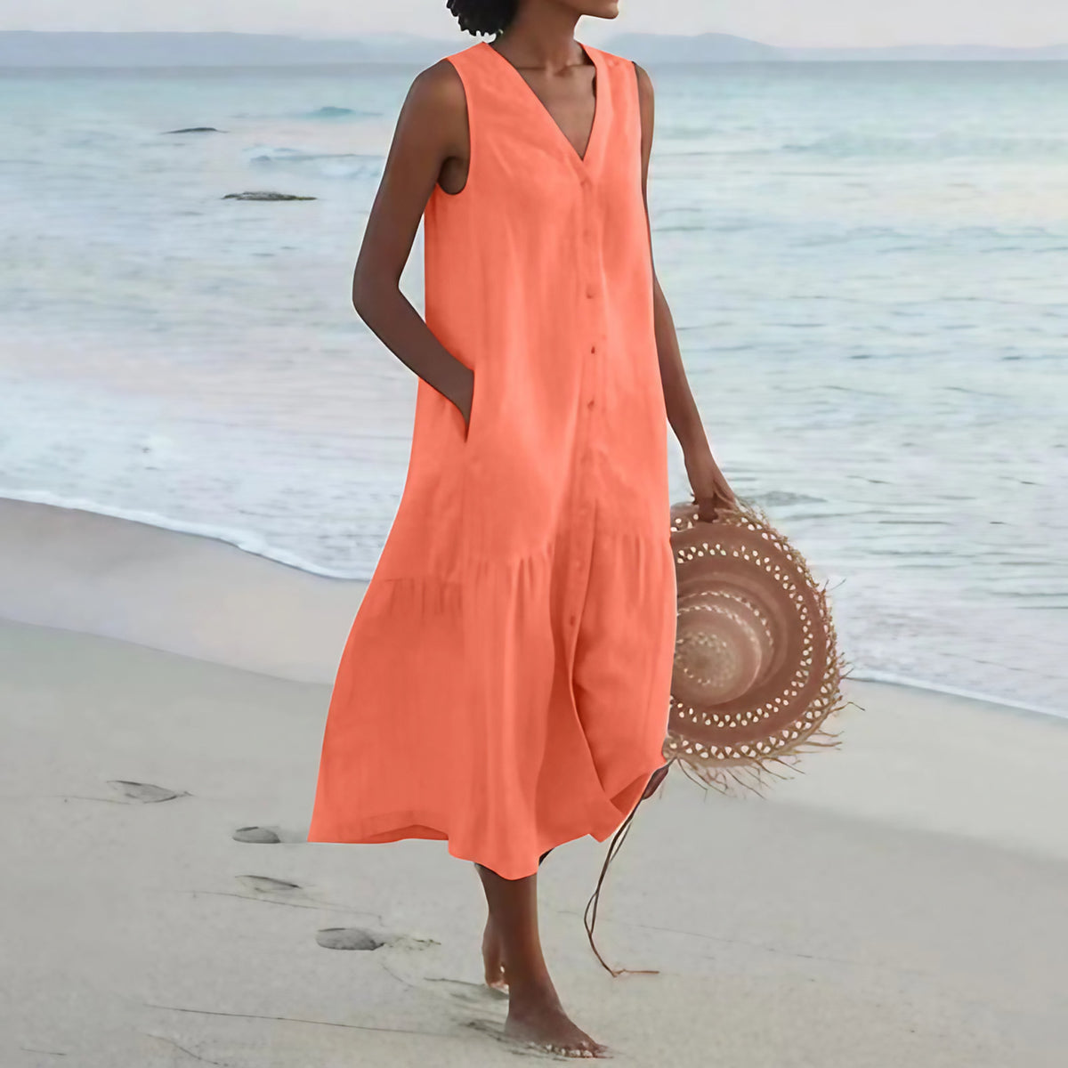 Robe col V fluide femme, six coloris, du S au 3XL, orange