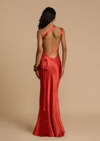 Robe longue asymétrique une épaule, dos ouvert, ceinture