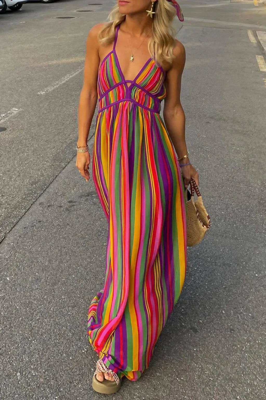 Robe rayée femme à col V, rayures contrastées, coupe fluide, multicolore