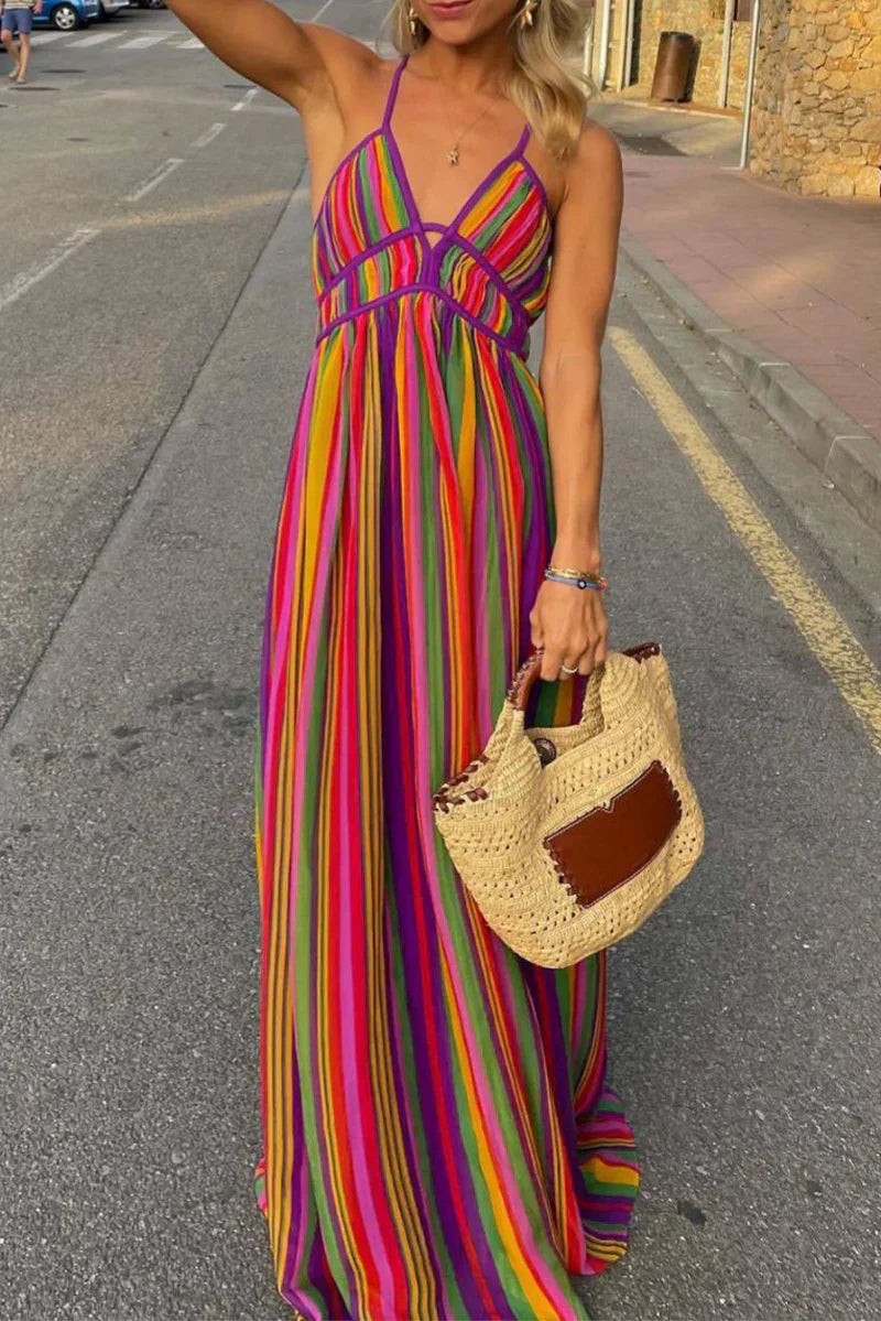 Robe rayée femme à col V, rayures contrastées, coupe fluide