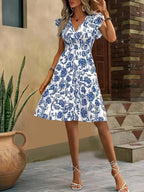 Robe d'été fleurie femme, col V et manches papillon, taille froncée