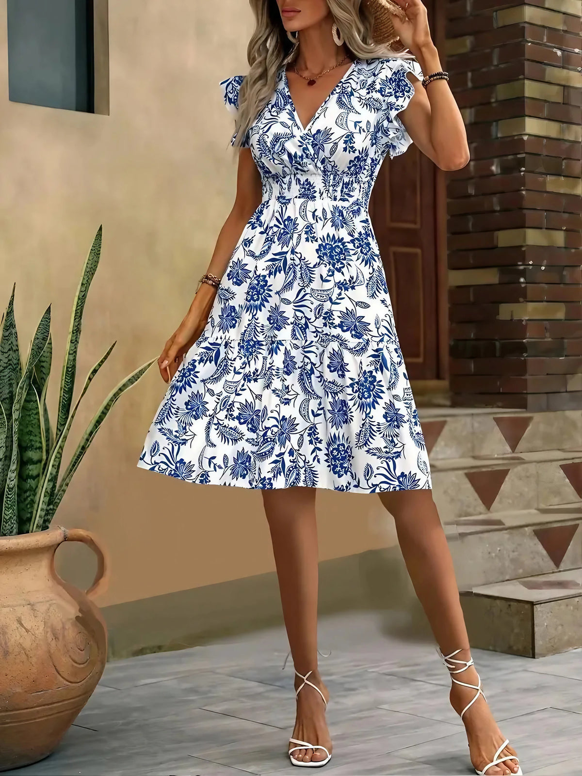Robe d'été fleurie femme, col V et manches papillon, taille froncée