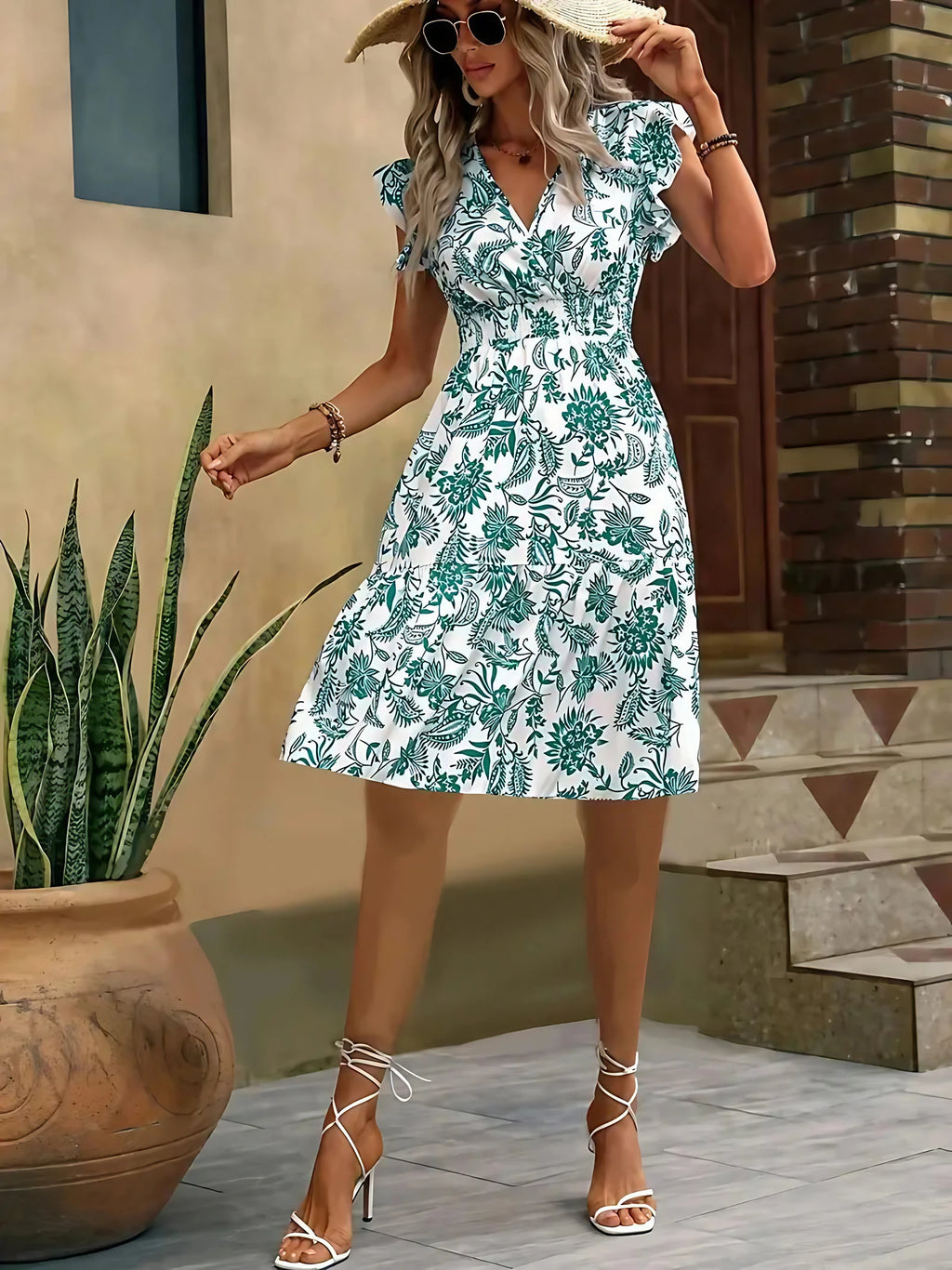 Robe d'été fleurie femme, col V et manches papillon, taille froncée, vert