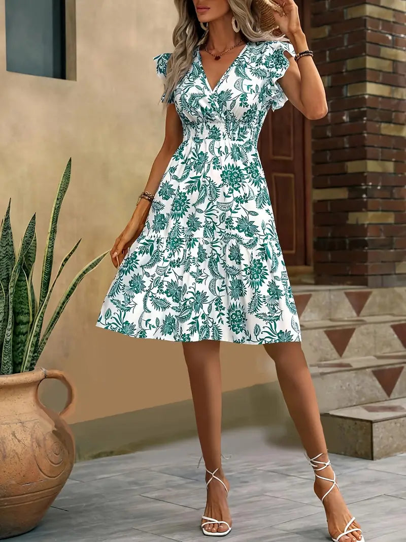 Robe d'été fleurie femme, col V et manches papillon, taille froncée