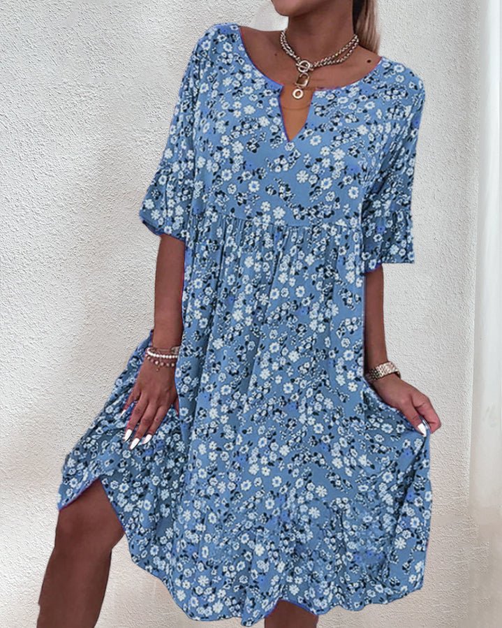 Robe évasée fleurie femme pour l'été, coupe fluide, du XS au 3XL, bleu