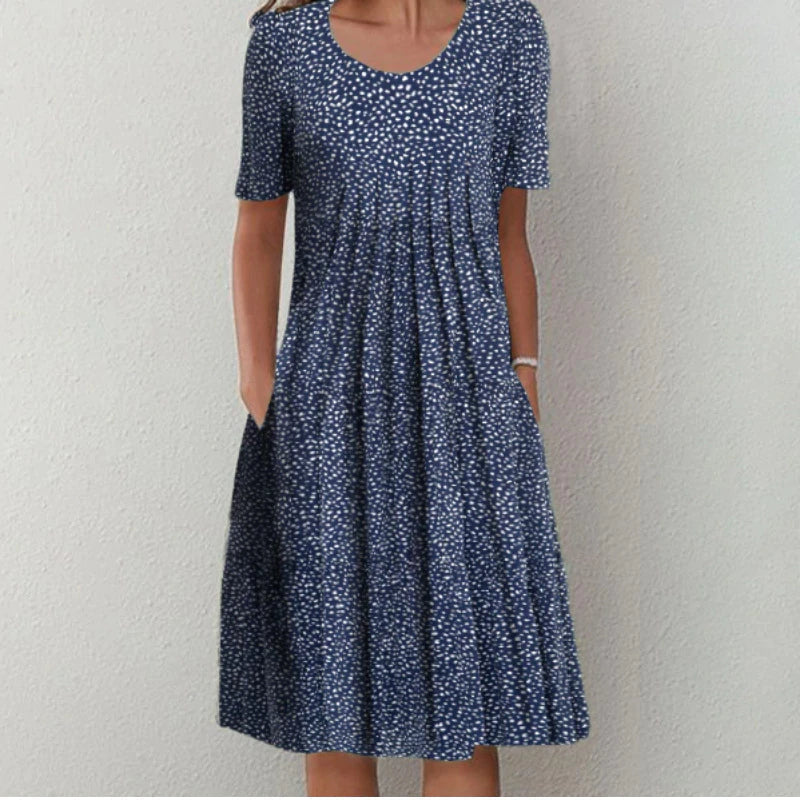 Robe longue d'été fleurie, coupe évasée, à poches, bleu à pois